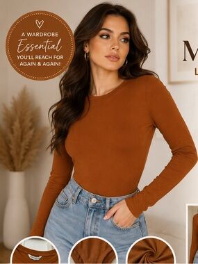 Mangopop Women's Long Sleeve Crewneck Bodysuit Rust Brown Size Large